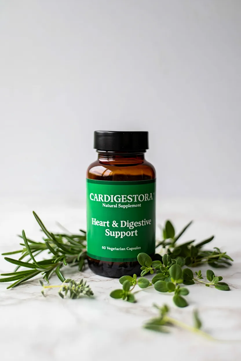 Cardigestora natural supplement bottle with green label for heart and digestive support
